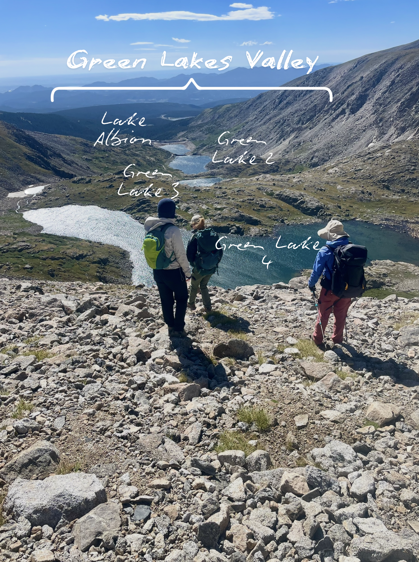 Hand-labeled view of Green Lakes Valley and its lakes
